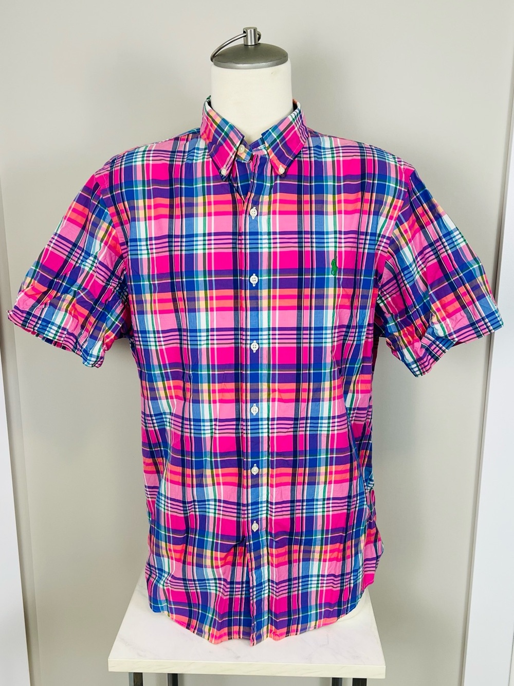 Ralph Lauren Pink & Blue Plaid Short Sleeve Button Down Shirt